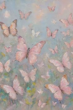 a painting of pink butterflies flying in the sky