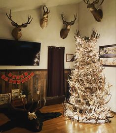 a living room with deer heads on the wall and a christmas tree in the middle