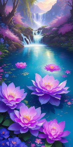 purple flowers are floating in the water near a waterfall with waterfalls and trees on either side