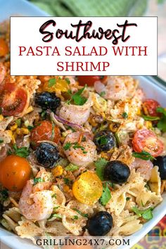 this pasta salad with shrimp is loaded with tomatoes, olives, and parsley