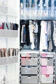 an organized closet with clothes, shoes and other items on shelves in white plastic bins