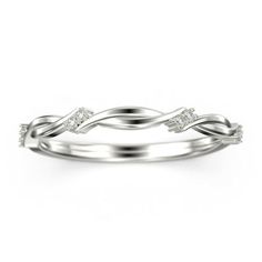 a white gold wedding ring with diamonds on it's sides and an intertwined band