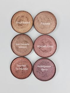 This Bundle contains the following shades: Fresh Baked, Pavlova, Just Desserts(please), Rhubarb Crisp, Too Hot To Handle, and Ambiguous Berry. Each eyeshadow pan is magnetic and comes in 26mm, the size of a quarter. This is a pressed product, making it easy to apply with your favorite brush or even your finger. All of my products are Vegan, Talc Free, and Cruelty Free! <3 Everything is handmade in small batches. :) Ingredients: Mica, Iron Oxide, Black #2, Copper Powder, Aluminum Powder, Silicon Rhubarb Crisp, Too Hot To Handle, Shimmer Eyeshadow, Calcium Carbonate, Eye Shadows, Matte Eyeshadow, Kaolin Clay, Gold Sparkle, Iron Oxide