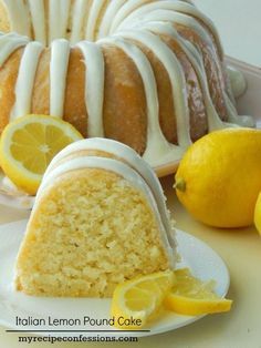 lemon bundt cake with white icing and sliced lemons next to the bundt cake