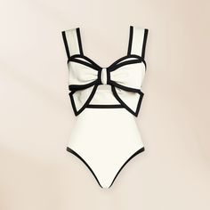 Bow Front Cutout Black and White One Piece Swimsuit and Skirt Flaxmaker Alternative Luxe, Bow Swimsuit, Retro One Piece Swimsuits, Swimsuit Skirt, Chic Swimsuit, White Bow Tie, Swimsuit Fashion, Print Skirt, Mode Vintage