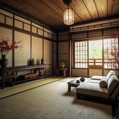 a living room filled with furniture and a large window