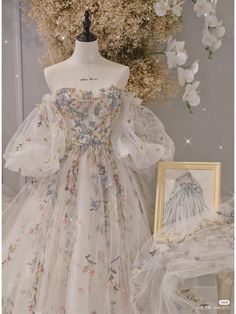 Cottage Core Ballgown, Colored Floral Lace Wedding Dress, Fluffy Wedding Gown, Wedding Dress Untraditional, Ethereal Cottagecore Aesthetic, Whimsical Ball Gown, Howls Moving Castle Wedding Dress, Vintage Floral Wedding Dress, Wedding Dress Flowers Embroidery