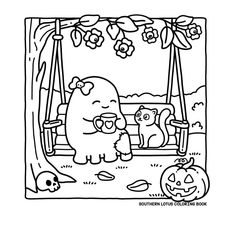 a cartoon character sitting on a swing with pumpkins and other items in the background