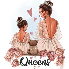 two girls in dresses with teddy bears on their backs and the words queens above them