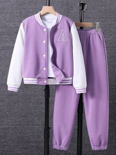 Tween Girl Letter Graphic Varsity Jacket & Sweatpants Without Tee Mauve Purple Casual  Three Quarter Length Sleeve Knitted Fabric Colorblock,Letter  Slight Stretch  Tween Girls Clothing, size features are:Bust: ,Length: ,Sleeve Length: Cotton School Sets For Fall, Purple Long Sleeve Sets For Fall, Purple Long Sleeve Sets For Winter, Angel Clothes, Baseball Fashion, Celana Fashion, Cozy Sweatpants, Cute Dress Outfits, Casual Preppy Outfits