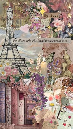 a collage of flowers and books with the eiffel tower in the background