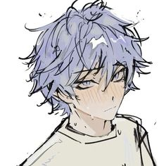 a drawing of a boy with blue hair and white shirt, looking at the camera