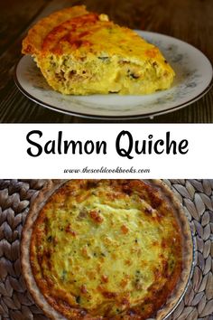 two different types of quiche on plates with the words salmon quiche above them