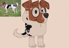 a cartoon dog with glasses on its face and another drawing of a dog in the background