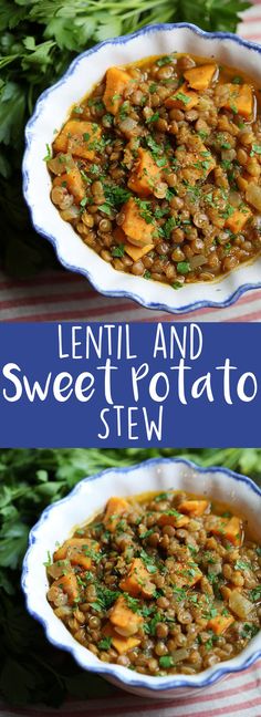 lentil and sweet potato stew in a white bowl with parsley on the side