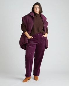 Cassidy High Rise Straight Corduroy Pants - Gamay | Universal Standard Purple Corduroy Pants Outfit, Plus Size Corduroy Pants, Purple Corduroy Pants, Plus Size Corduroy, Corduroy Pants Outfit, Puffer Vest Fashion, Athleisure Pants, Weekend Dresses, Universal Standard