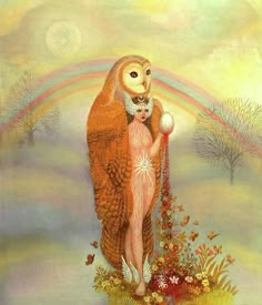 a painting of an owl holding a ball in it's right hand with a rainbow in the background