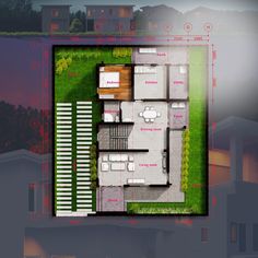 an aerial view of a house with the ground plan drawn out in front of it