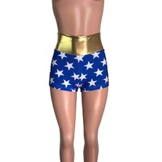 Stretchy spandex Wonder Woman high-waisted short booty shorts with metallic gold waistband. The fabric is high-quality spandex and will move with you - but thick enough to be flattering. The inseam is 2.5" - but if you'd like it shorter or longer, please say so in the comments. Perfect for your Wonder Woman Costume. Woman Costume, Womens High Waisted Shorts, Wonder Woman Costume, Dress Up Day, Roller Derby, Rave Wear, Metallic Gold, Wonder Woman, Dress Up