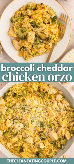 broccoli cheddar chicken orzo in a white bowl with a fork