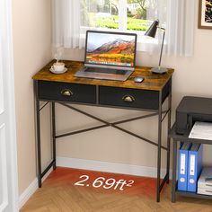 a laptop computer sitting on top of a wooden desk next to a printer and file cabinet