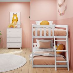 a white bunk bed sitting in a bedroom next to a dresser and rug on top of a hard wood floor