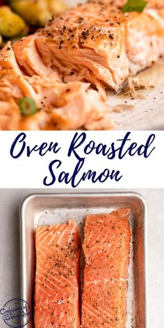 two salmon fillets in a pan with seasoning on top and an image of grilled salmon