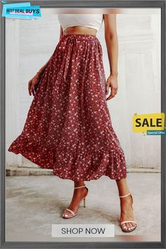 Women's Printed Ruffled Chiffon and Sweet Long Skirt Feminine Chiffon Ruffle Skirt, Feminine Chiffon Skirt With Ruffles, Flowy Ruffled Skirt For Brunch, Ruffled Skirt For Brunch, Flowy Skirt With Ruffle Hem For Brunch, Casual Flowy Ruffled Skirt, White Ruffled Chiffon Skirt, Flowy Ruffled Maxi Skirt For Day Out, Chiffon Tiered Skirt With Ruffles