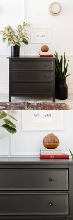 two photos of a dresser with plants on top, and an image of a plant next to it