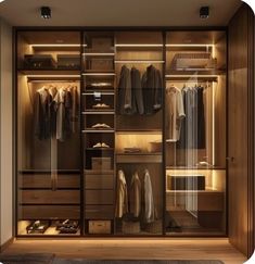 an organized walk in closet with clothes and shoes