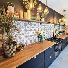 a kitchen with wooden counter tops and potted plants on the wall above it, along with hanging lights