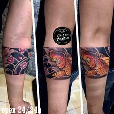 three different tattoos on the legs of two people, one with a koi fish