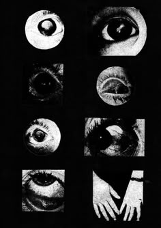 black and white photograph of eyes with hands in the middle, all showing different parts of the eye