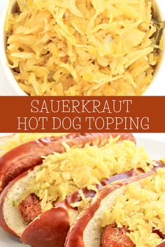 two hot dogs covered in sauerkraut sitting on top of a white plate