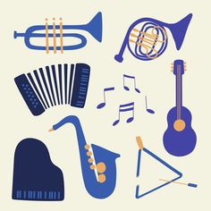 an assortment of musical instruments are shown in blue and yellow colors on a white background