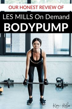 a woman squats on a barbell with the words les mills on demand bodypump