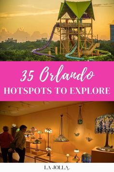 A colorful water park slide and an indoor museum exhibit with art lamps displayed. Aquatica Orlando, Orlando Activities, Things To Do In Orlando, Orlando Photos, Lake Eola, Visit Orlando, Orlando Theme Parks, Seaworld Orlando, Universal Studios Florida