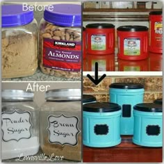 the before and after pictures show how to make canned food in jars with labels on them