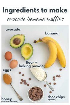 ingredients to make an avocado banana muffins recipe on a white background