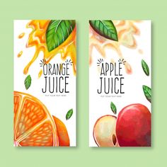 two banners with oranges and apples on them for the juice shop or storefront