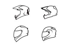 four different types of helmets drawn in black and white, each with an individual's face