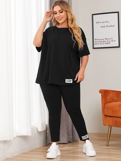 Plus Letter Patched Tee & Leggings Black Casual  Half Sleeve Knitted Fabric Letter  Slight Stretch Spring/Fall Women Plus Clothing, size features are:Bust: ,Length: ,Sleeve Length: Long Leggings Outfit, Legging Tshirt Outfit, Casual Leggings Outfit, Plus Size Legging Outfits, Momma Mia, Legging Outfit, Leggings Outfit Casual, Church Clothes, Look Legging