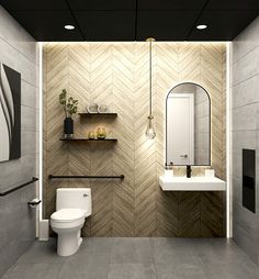 a bathroom with a white toilet sitting next to a sink under a mirror on a wall