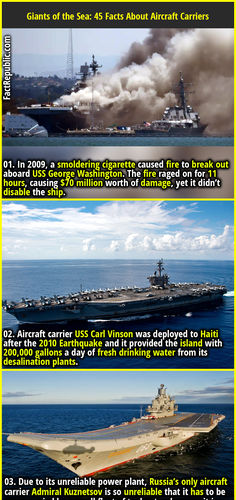 1. In 2009, a smoldering cigarette caused fire to break out aboard USS George Washington. The fire raged on for 11 hours, causing $70 million worth of damage, yet it didn’t disable the ship. Pirate History Facts, Dark Historical Facts, Ww2 Facts, Military Humor Marines, Aircraft Carriers, The Giants