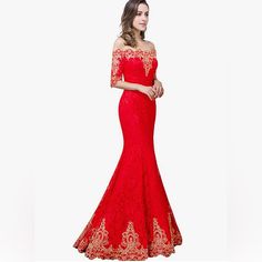 This Is A New Dress That I Purchased For A Wedding, But Ended Up Wearing Another Dress. Size Is 4. You Can Adjust The Back Of The Dress I Am 135 Pounds And It Fits Me Perfectly. Elegant Red Mother Of The Bride Dress For Banquet, Red Lace Evening Dress With Sweep Train, Red Fitted Mother Of The Bride Dress For Banquet, Elegant Red Lace Evening Dress, Red Lace Dress For Gala, Red Evening Dress For Wedding And Prom Season, Red Evening Wedding Dress For Prom Season, Red Wedding Dress For Prom Season Evening, Red Lace Floor-length Evening Dress