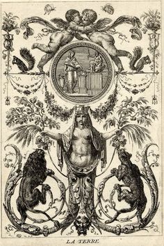 an old drawing of the virgin mary surrounded by lions and other animals, in black ink