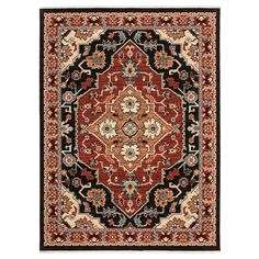 a red and black rug with an ornate design on the center, surrounded by multicolored flowers