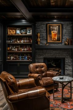 a living room filled with furniture and a fire place next to a fireplace covered in bottles