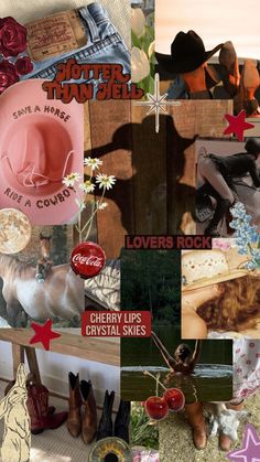 a collage of photos with cowboy hats and other items