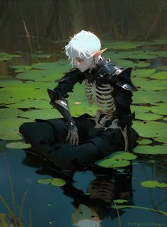 a skeleton is sitting in the water with lily pads